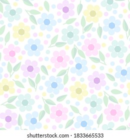 Patrón floral primaveral sin fisuras con flores y hojas en color pastel para el diseño textil, papel de pared, tarjeta de saludo o envoltura. Fondo blanco.