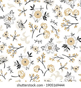 Spring Floral Seamless Pattern with Flowers and Leaves. Summer Flower Background with Outline Wildflowers
