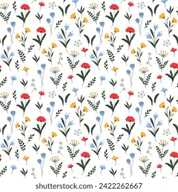 spring floral seamless pattern with flowers and leaves, art flower vector background, botanical textile design