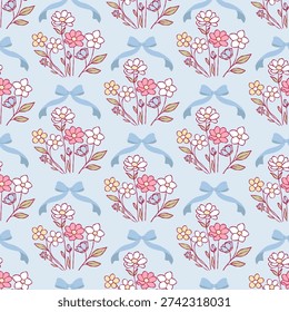 Spring Floral Seamless Pattern, Hand Drawn Tiny Daisy Digital Paper, Blue Flower Blossom Repeat Pattern Design Vector