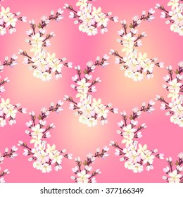 Spring floral seamless pattern. Hand drawn blossom cherry branches. Seamless pattern with realistic blossom cherry branches. Spring watercolor style purple burgundy background. Vector illustration
