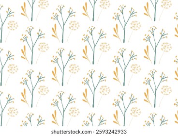 Spring Floral Seamless Pattern with Hand-Drawn Meadow Flowers and Leaves. Soft Pastel Tones. Perfect for Textile, Wrapping Paper, and Decorative Backgrounds. Vector Illustration.