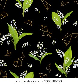 Spring Floral Seamless Pattern with Lily Valley Flowers and Golden Geometric Elements. Summer Blooming Background for Fabric, Textile, Decor, Wallpaper. Vector illustration