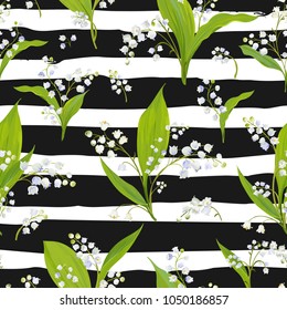 Spring Floral Seamless Pattern with Lily Valley Flowers. Springtime Blooming Background for Fabric, Textile, Decor, Wallpaper. Vector illustration