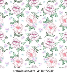 Spring floral seamless pattern with line art colorful flower. Chines peon and little flower background.