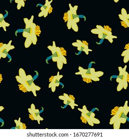 Patrón floral primaveral sin fisuras en negro. Daffodils interminables antecedentes. Diseño textil, tejido, envoltura, papel pintado. Ilustración vectorial.