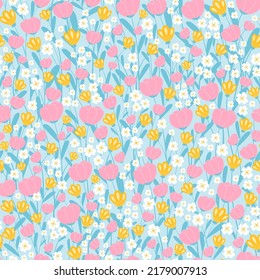 Spring floral seamless pattern on blue background for surface design or wrapping paper, spring ornament for textile print
