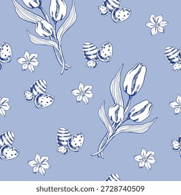 Frühlingsfloral nahtloses Muster auf Blau mit Tinte eingraviert Ostergrafik.Handgezeichnete Happy Ostereier, Tulpenblumen retro blaue Linie Kunst für Textil-, Verpackungs-Design.