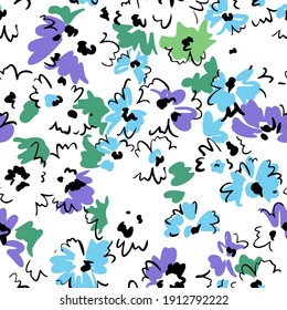 Spring floral seamless pattern. Outline contour lines forming stylized blooming daisy flowers. Simple geometric shapes as curved lines and brush strokes. Sketch drawing. Nature motif.