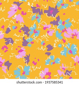 Spring floral seamless pattern. Outline contour lines forming stylized blooming daisy flowers. Simple geometric shapes as curved lines and brush strokes. Sketch drawing. Nature motif.