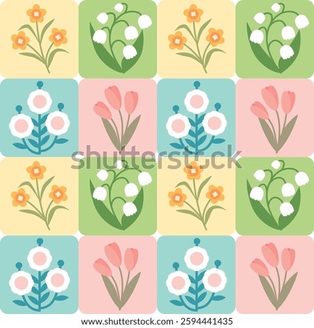 Spring floral seamless pattern with pastel tulips, lilies of the valley, daffodils and wildflowers, Scandinavian botanical design for wrapping paper, fabric, wallpaper, greeting cards, baby products