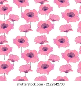 Spring floral seamless pattern with pink poppies painted in vector. Hand-drawn delicate floral background in sketch botany style. Texture for fabric, textile, wrapping paper, postcards, wallpaper.