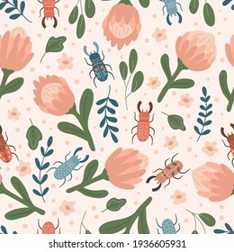 Spring floral seamless pattern with protea and stag beetles. Hand drawn doodle flowers, plants and insects. Trendy pastel colors.