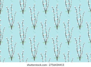 Spring floral seamless pattern with pussy willow branches and soft ribbon detail. Minimal repeating botanical background suitable for textile print, wrapping paper, packaging design, wallpaper and seasonal decoration.