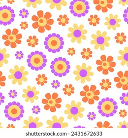 Spring floral seamless pattern. Retro groovy flowers, camomiles, daisies. Summer meadow. Background, wrapping paper.