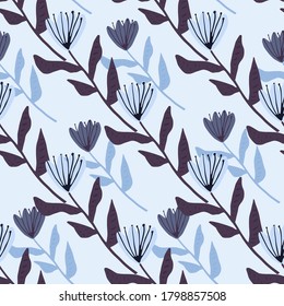 Spring floral seamless pattern with tulip ornament. Flowers and background in navy and blue tones. Decorative backdrop for wallpaper, textile, wrapping paper, fabric print. Vector illustration.