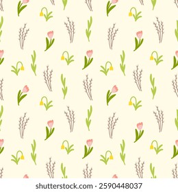 Spring floral seamless pattern with tulips willow branches and leaves vector illustration