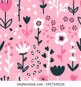 Spring floral seamless vector pattern with flowers. Simple hand-drawn style. Motifs scattered liberty. Pretty ditsy Scandinavian background for fabric, textile, wallpaper. Digital paper in pink color