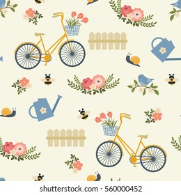 Spring floral seamless wallpaper. Bicycle, flowers, watering can, bumble bee, fence. Vector seamless pattern with clipping mask, editable.