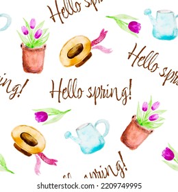 Spring floral seamless wallpaper. Flowers, lettering Hello Spring, straw hat. Vector seamless pattern with clipping mask, editable.