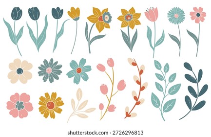 Floral de primavera definido em estilo texturizado plano. Vintage inspirou flores para cartazes de cartões e branding. Clipart de plantas de primavera