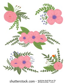 Spring floral set. Hand drawn floral elements with flowers and different leavs.  Vector illustration isolated on white background.