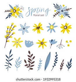 Conjunto floral primaveral. Colección dibujada a mano con hojas y flores. Ilustración del vector