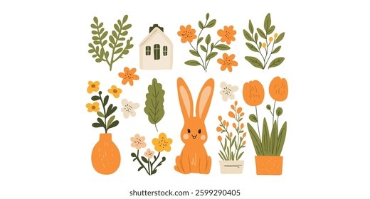 spring floral set with a rabbit in flat vector style