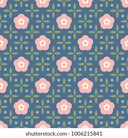 Spring floral simple geometric all over motif. Basket weave abstract pattern. Arrangment pink flowers and leaves decorative print block for fabric, apparel textile, wallpaper. Vector seamless design.