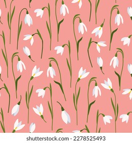 Spring floral snowdrops seamless pattern. Early spring flowers. Blossom nature wildflowers. Meadow. Digital paper. Vector illustration