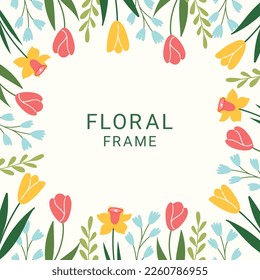 Spring floral square background. Floral frame. Lovely spring summer flowers and branches with leafs. Vector template for card, banner, invitation, social media post, poster.