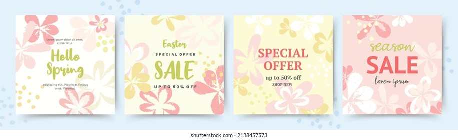 Spring floral  square background. Set of pink yellow flower banner template. Vector illustration  for season social media post, internet ads, business, sale promotion 