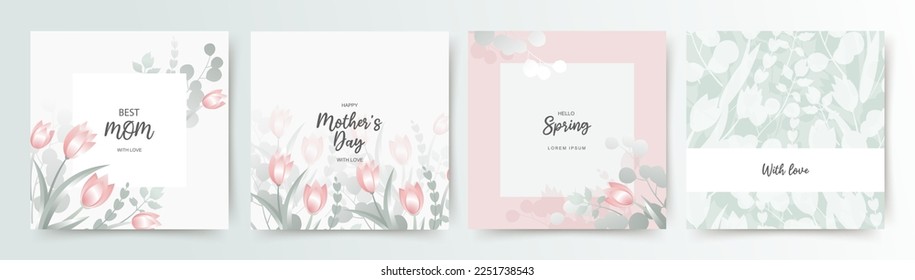 Spring floral square backgrounds with pink tulips and leaves. Happy Mother's Day greeting card. Vector illustration for card, banner, invitation, social media post, poster, mobile apps, advertising