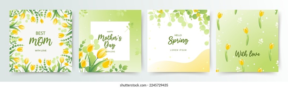 Spring floral square backgrounds with tulips and leaves. Happy Mother's Day greeting card.Editable vector illustration for card, banner, invitation, social media post, poster, mobile apps, advertising