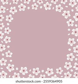 Spring Floral Square Frame. Background with Cherry Blossom. Beautiful White Flowers, Buds on Pink Background. Vector illustration