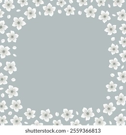 Spring Floral Square Frame. Background with Cherry Blossom. Beautiful White Flowers, Buds on Gray Background. Vector illustration