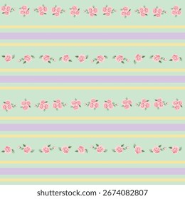 Spring Floral Stripe Pattern with Pink Roses, Soft Green, and Lavender