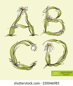 Spring floral stylized hand drawing alphabet. Alphabet in pastel colors. Vector illustration.