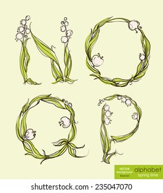 Spring floral stylized hand drawing alphabet. Alphabet in pastel colors. Vector illustration.