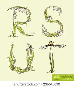 Spring floral stylized hand drawing alphabet. Alphabet in pastel colors. Vector illustration.