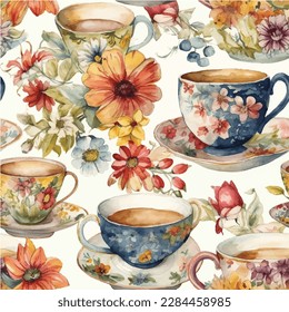 Primavera floral verano por la tarde tiempo de té cálida acuarela ilustración transparente patrón