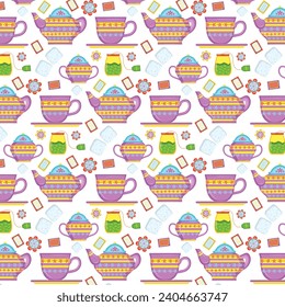 Spring floral summer afternoon tea time illustration seamless pattern. Seamless pattern with hand drawn tea and coffee cups and pots for scrapbooking,