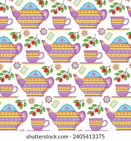 Spring floral summer afternoon tea time illustration seamless pattern. Seamless pattern with hand drawn tea and coffee cups and pots for scrapbooking,