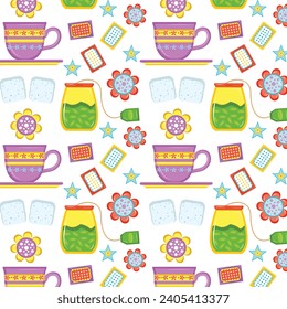 Spring floral summer afternoon tea time illustration seamless pattern. Seamless pattern with hand drawn tea and coffee cups and pots for scrapbooking,