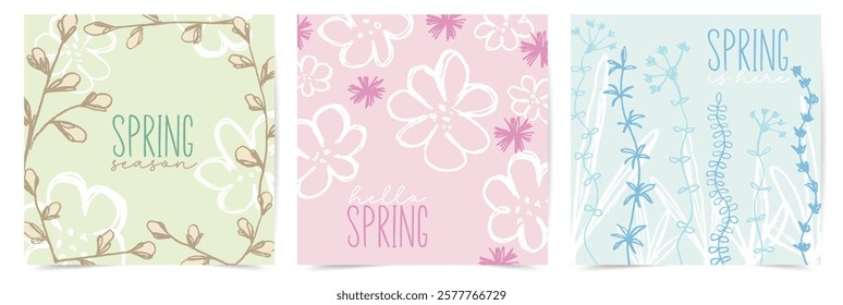 Spring floral templates set. Trendy design with spring flower, twigs and leaves. Great for seasonal posters, greeting cards, banners or invitations.