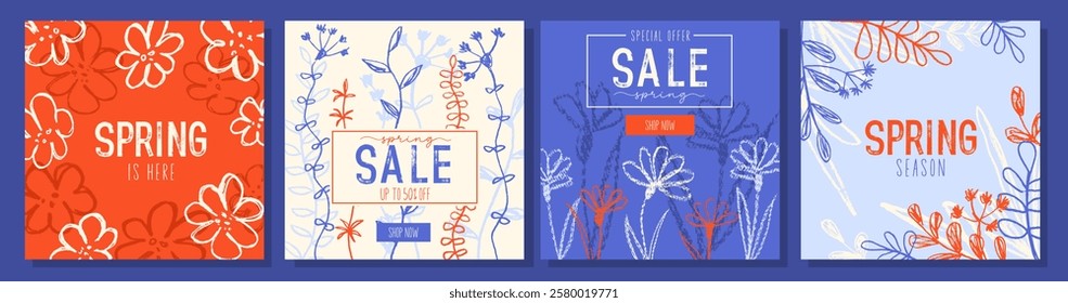 Spring floral templates set. Trendy design with spring flower, twigs and leaves. Great for spring seasonal promotion and discount, posters and banners.