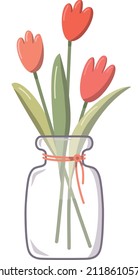 Spring floral tulips. Tulips Bouquet in a glass bottle vector isolated object