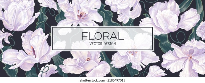 Spring floral vector background, banner, poster with flowers of white tulips, petals and leaves. Realistic style, hand-drawn, vector. Can be used as cover for social network advertising banner