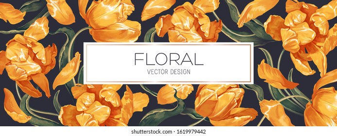 Spring floral vector background design for banner or flyer with yellow tulips flowers, petals and leaves. Realistic style, hand drawn, vector. Can be used as advertising banner cover in social network