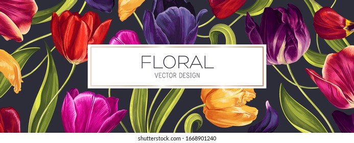 Spring floral vector background design for sale banner, poster with tulips flowers, petals and leaves. Realistic style, hand drawn, vector. Can be used as advertising banner cover in social network